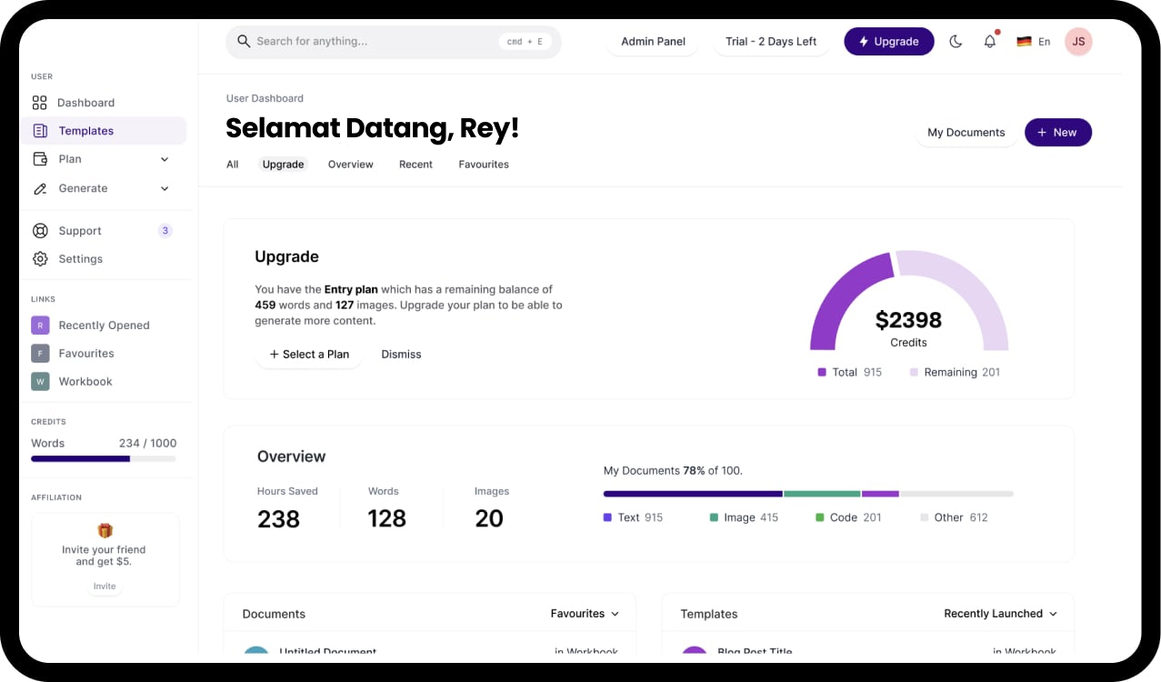 MagicAI Dashboard Mockup